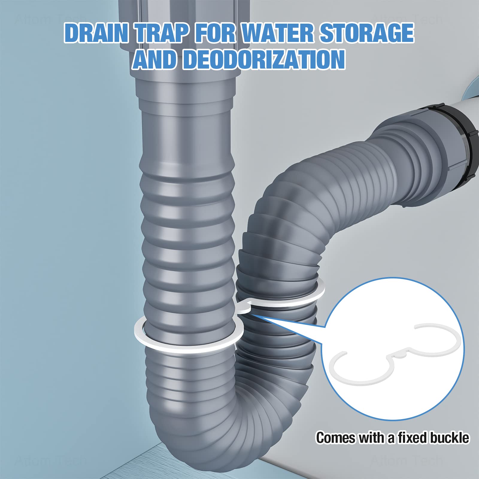 Nihome Expandable Flexible 1 1/2'' Or 1 1/4'' P-Trap Pipe For Single Kitchen Sink, With Adapter Sealing Ring Tape Drain Tubing P